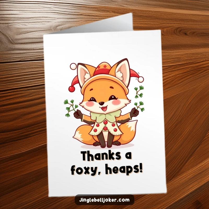 Funny Free Printable Thank You Card: Joyful fox in jester attire, juggling mistletoe, delivering thanks with festive and playful style.