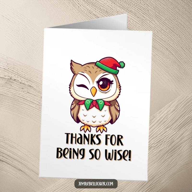 Funny Free Printable Thank You Card: An owl in a jester collar winks playfully, adorned with holiday glitter.