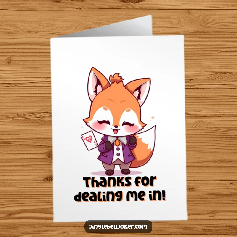 Funny Free Printable Thank You Card: A blushing fox dressed as a joker holds a sparkly card, expressing thanks.