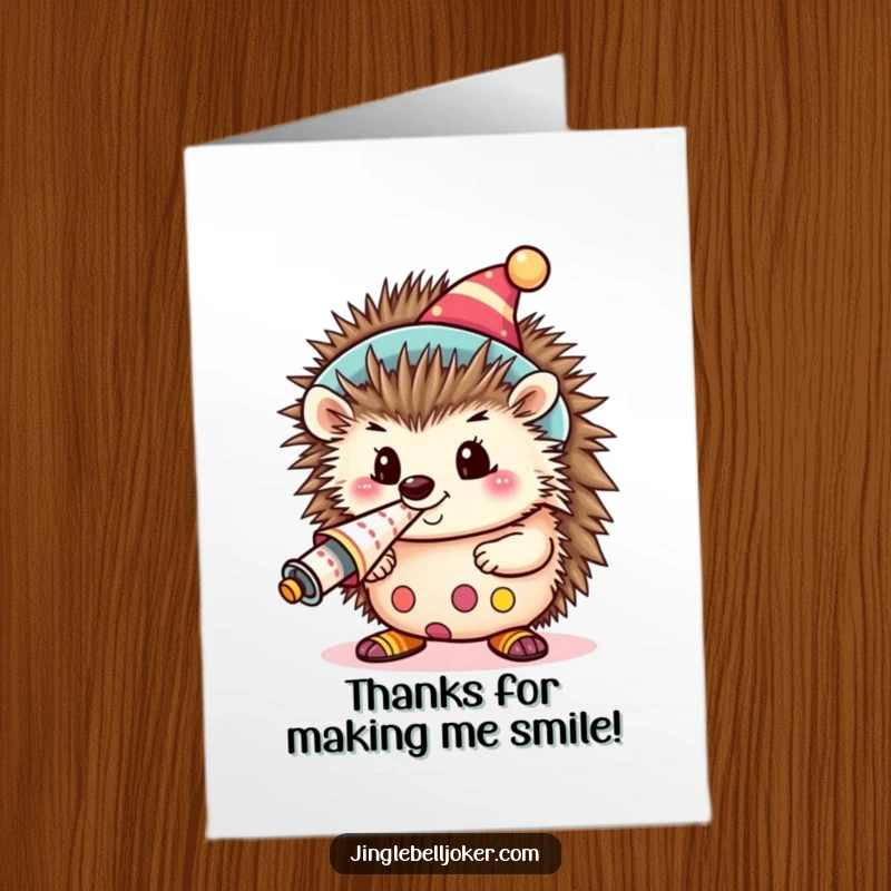 Funny Free Printable Thank You Card: Cute hedgehog as a clown blowing a horn, conveying thanks with joy.