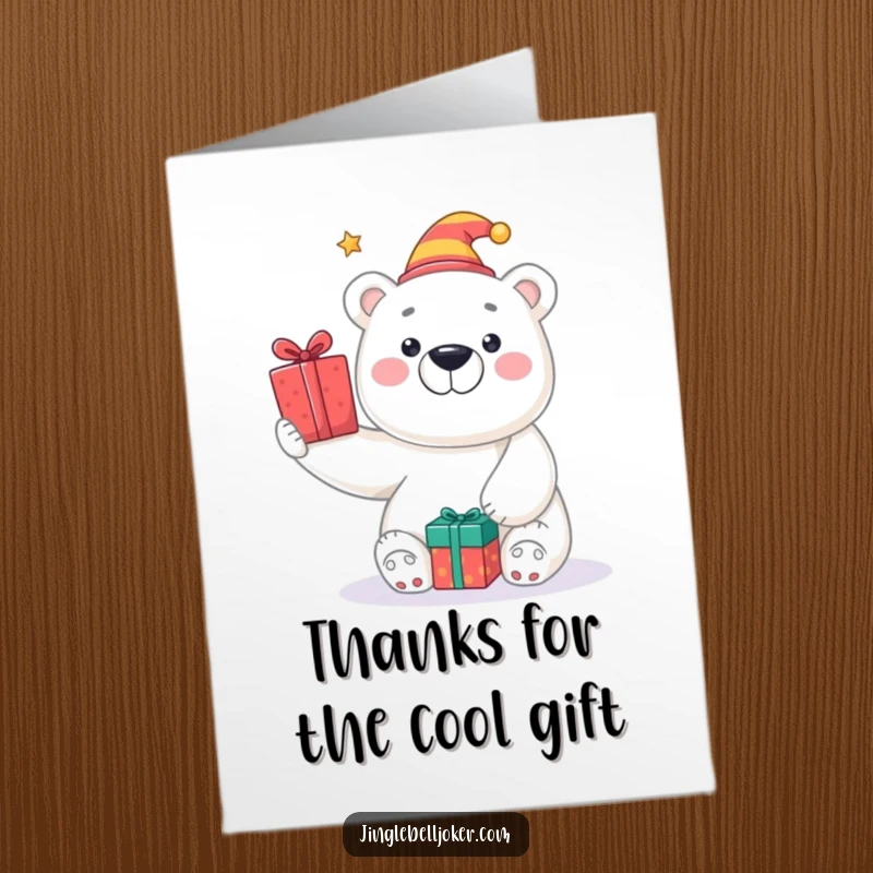 Funny free printable thank you card: A polar bear in a jester hat happily tosses presents as a token of gratitude. Thanks a bunch!