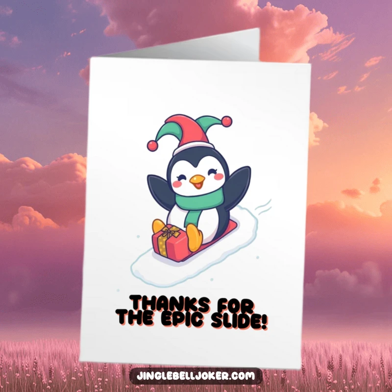 Funny Free Printable Thank You Card: Happy penguin in a jester hat, sliding down a gift-wrapped slope, delivering thanks with playful enthusiasm.