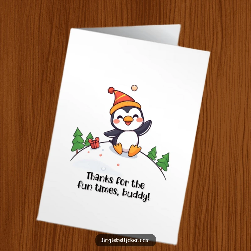 Funny free printable thank you card: a penguin wearing a jester hat slides down a festive slope, sending thanks with a smile.