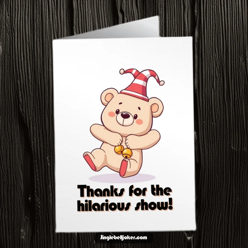 Funny Free Printable Thank You Card: A jester bear adorned with bells, dramatically losing his footing.