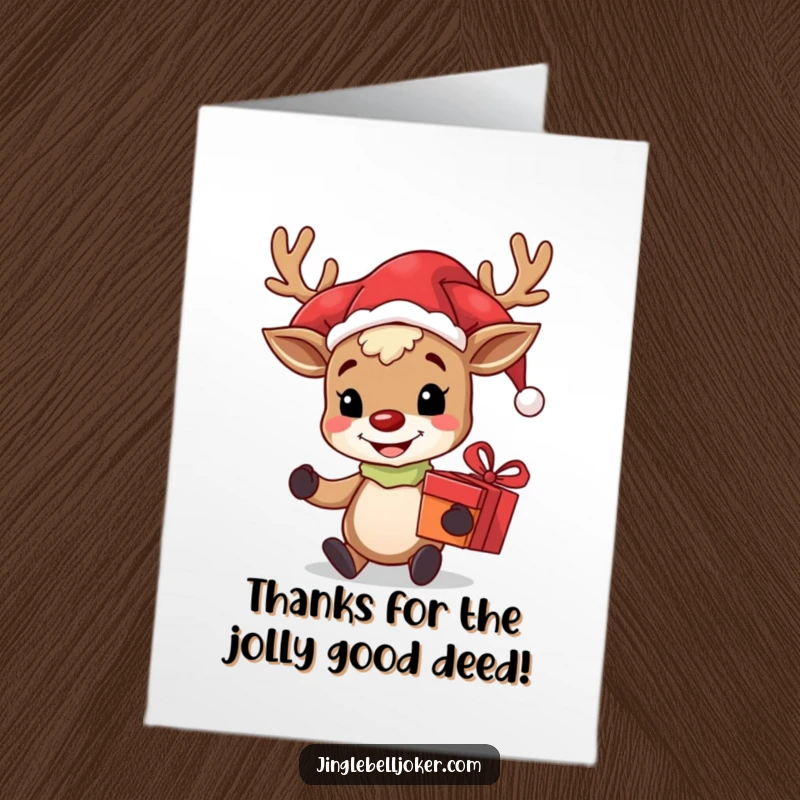 Funny Free Printable Reindeer Jester Thank You Card: A comical reindeer in a jester hat offering a gift, saying thanks.
