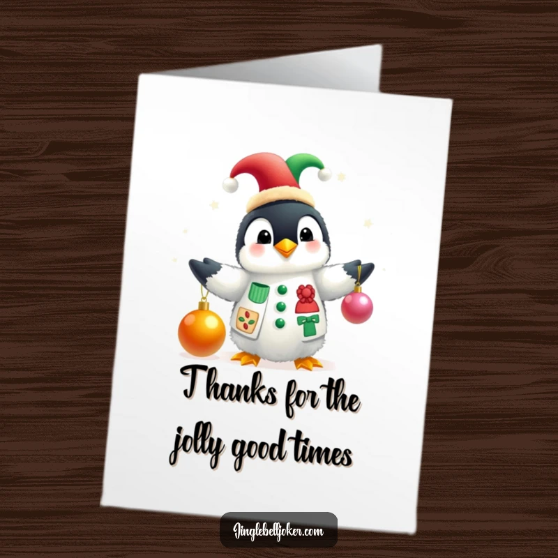 Funny Free Printable Thank You Card: Penguin jester juggling baubles, a delightful expression of thanks.