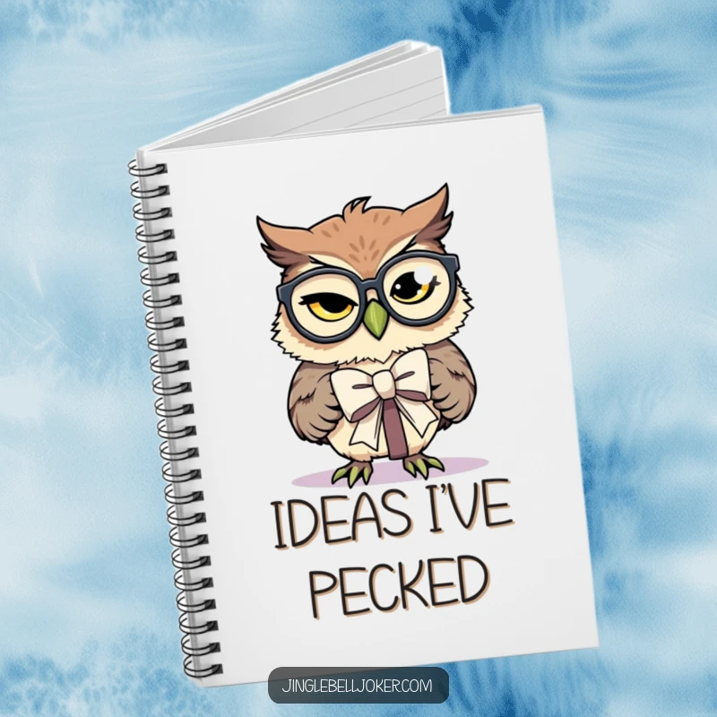 Funny Notebook: A winking owl with glasses humorously ties a gift bow, a humorous cover for notes.