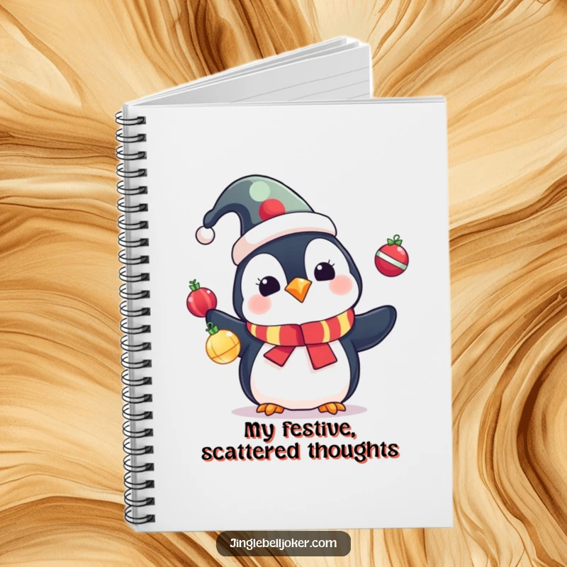 Funny Penguin Notebook: Cute penguin in a jester hat juggling colorful Christmas ornaments, for festive notes.