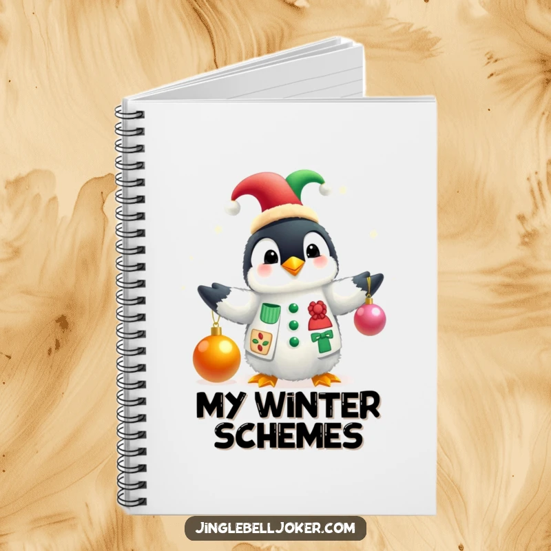 Funny notebook cover showing a fluffy penguin in a jester hat juggling Christmas baubles, celebrating seasonal fun and creativity.