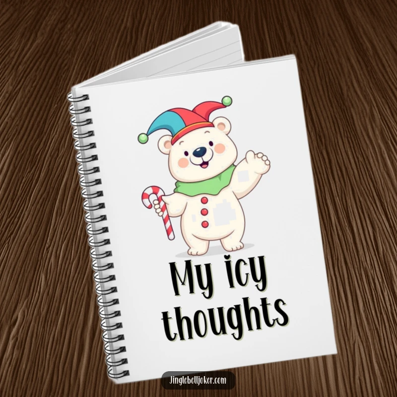 Funny notebook cover showing a happy polar bear in a jester costume striking a pose with a candy cane, celebrating fun and creativity.