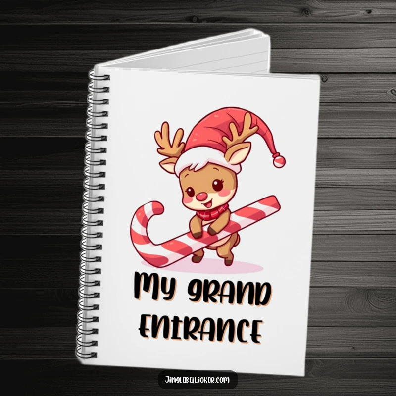 Funny Reindeer Jester Notebook: A silly reindeer in jester attire trips on a candy cane, ideal for funny note-taking.