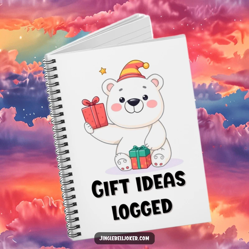 Funny notebook featuring a smiling polar bear in a jester hat, tossing presents, perfect for jotting down fun ideas.