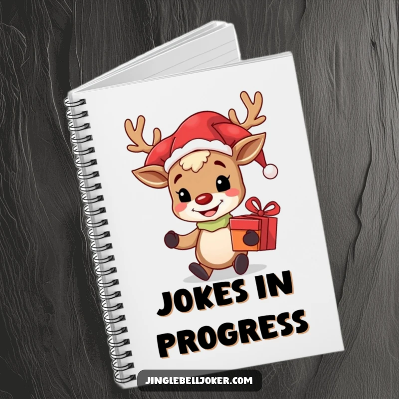 Funny notebook cover with a grinning reindeer jester holding a gift, encouraging festive note-taking and holiday planning.