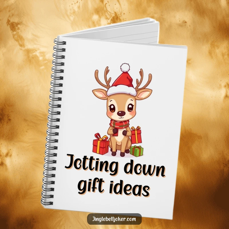 Funny notebook with a deer wearing a Santa hat curiously juggling gifts, perfect for jotting holiday ideas.