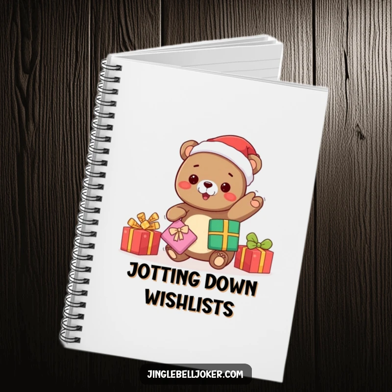 Funny kawaii bear Santa juggling presents, a notebook for capturing holiday ideas and festive thoughts with cheerful humor.