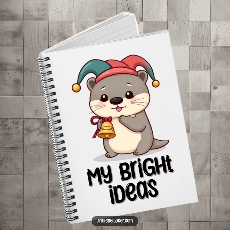 Funny Otter Jester Notebook, a cute otter in a jester hat ringing a miniature sleigh bell, for jotting down humorous festive notes.