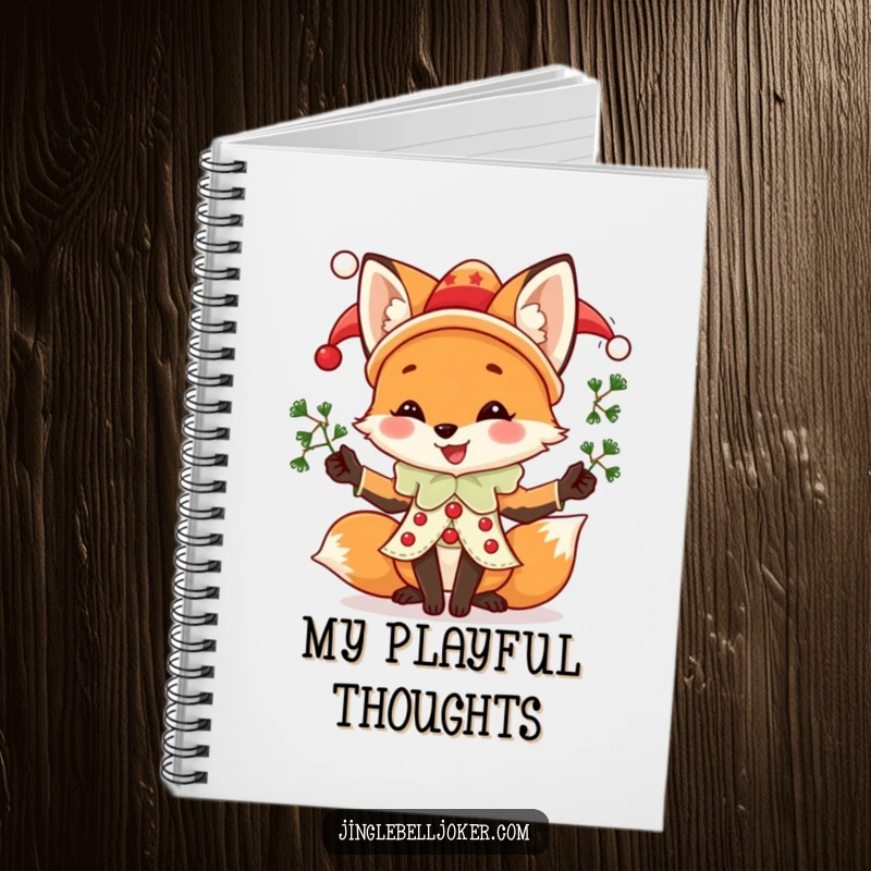 Funny Fox Jester Notebook, a joyful fox in jester attire juggling mistletoe, for jotting down humorous holiday notes.