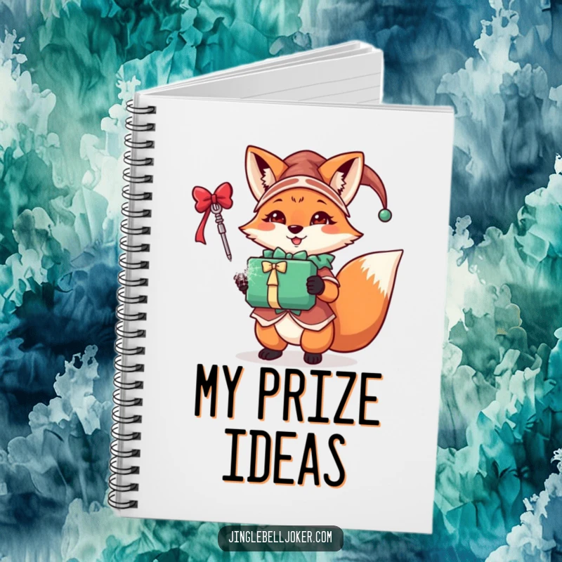 Funny fox jester notebook with a festive character in jester attire holding a sparkling gift, perfect for jotting down festive ideas.