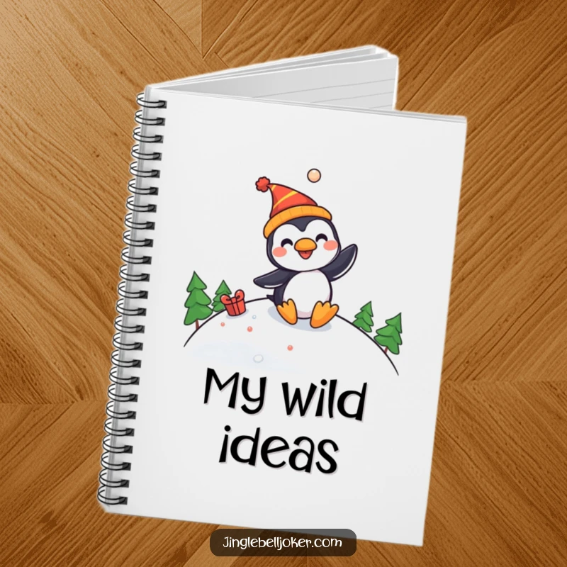 Funny notebook featuring a cheerful penguin jester sliding down a slope, perfect for jotting notes with a side of humor.