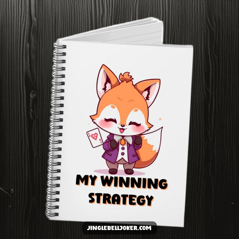 Funny notebook with a blushing fox in a joker costume, holding a sparkly playing card, ideal for jotting game ideas.