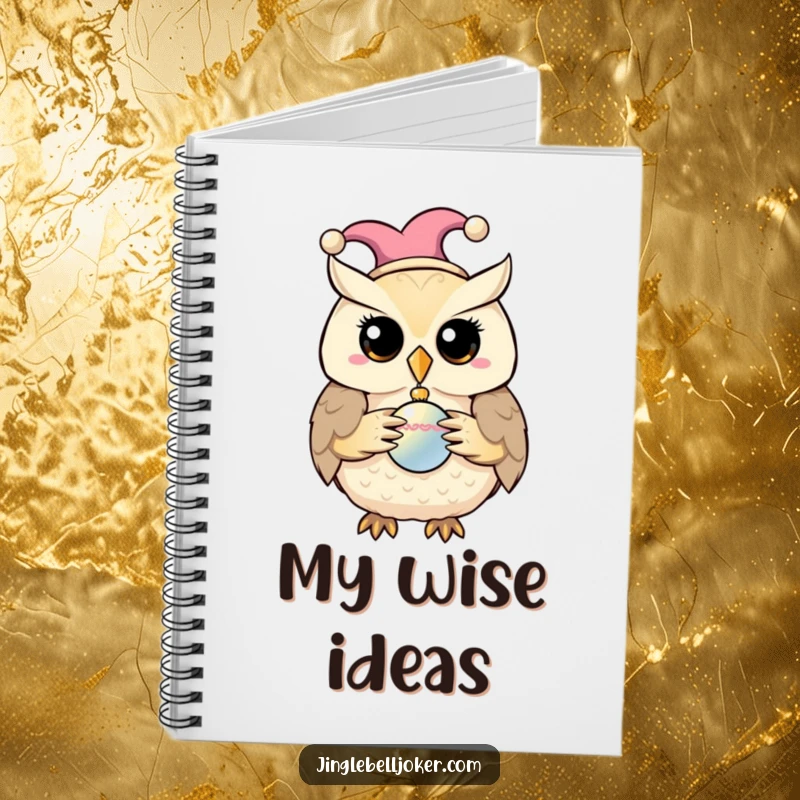 Funny notebook with a jester owl holding a bauble, encouraging creative writing and jokes.