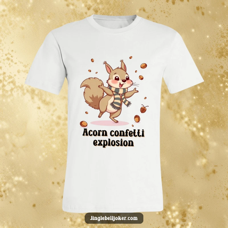 Funny T-Shirt: A squirrel with a striped scarf cartwheels, tossing acorns like confetti, a scene of wild fun.