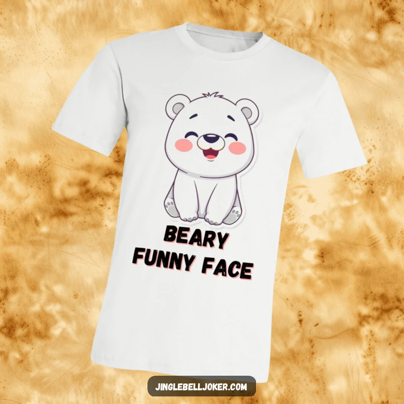 Funny t-shirt depicting a cheerful polar bear with rosy cheeks making a funny, exaggerated face, embodying playful silliness and lightheartedness.