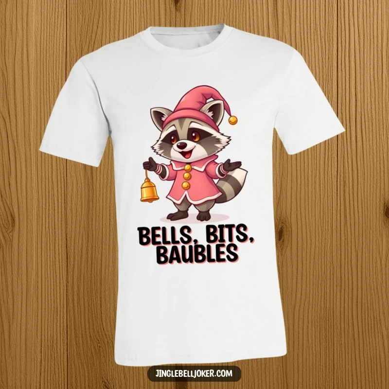 Funny Jester Raccoon T-Shirt: A raccoon in jester attire juggles glowing bells, perfect for playful everyday wear.