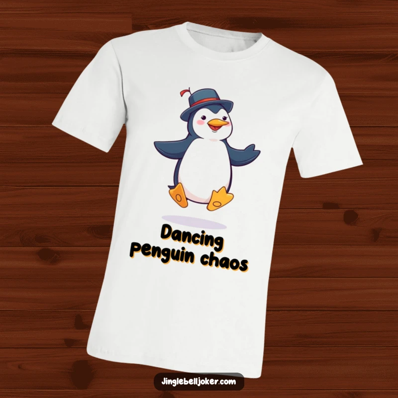 Funny penguin joker t-shirt showcasing a character in jester attire performing a silly, exaggerated jig with comical steps.