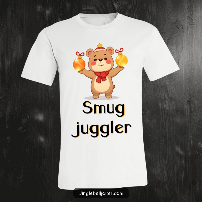Funny t-shirt depicting a happy bear character smugly juggling glowing Christmas baubles, radiating holiday confidence and playful spirit.