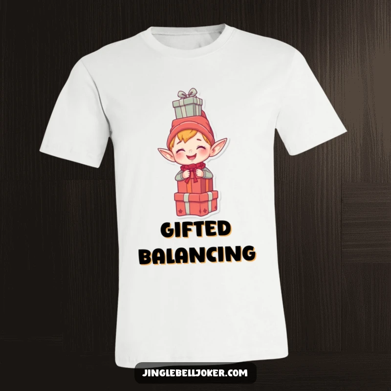 Funny t-shirt showing a giggling elf humorously balancing a stack of gifts on its head, embodying holiday cheer and mischief.