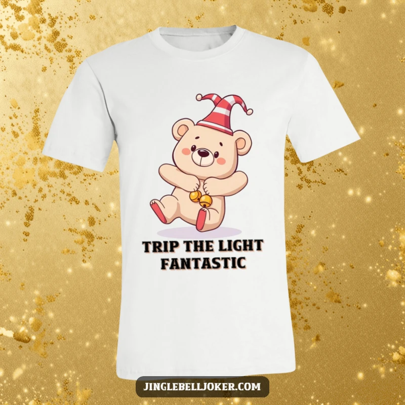 Funny t-shirt graphic of a bear wearing a jester hat and bells, hilariously tripping during a holiday celebration.