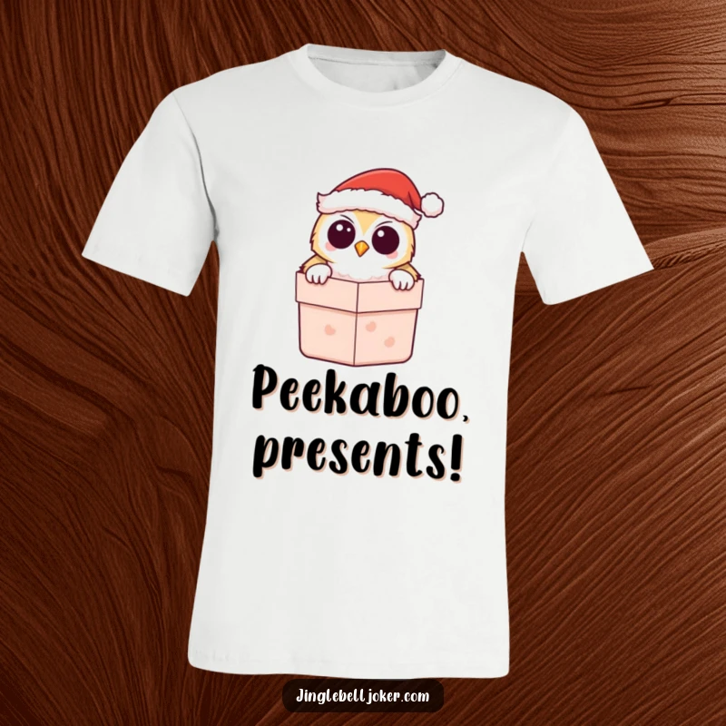 Funny Kawaii Owl Santa T-Shirt, featuring a cute owl playfully peeking from a gift box, ideal for festive occasions.