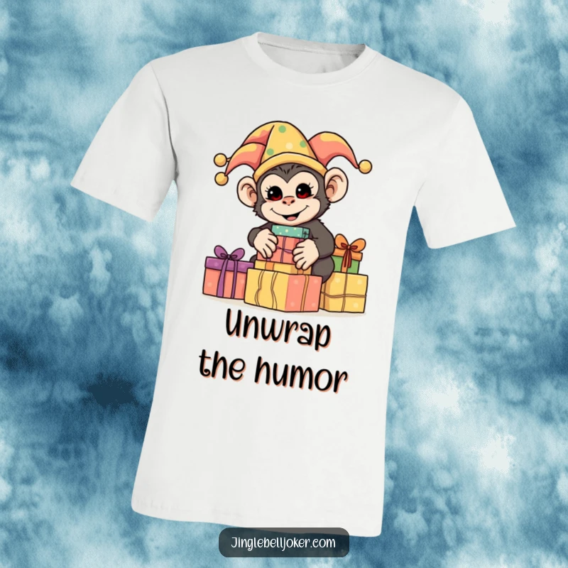 Funny Monkey Jester T-Shirt, depicting a silly monkey in jester attire stacking brightly wrapped presents, ideal for humorous fun.