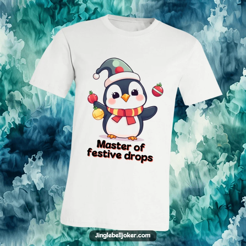 Funny Penguin T-Shirt: Cute penguin in a jester hat juggling colorful Christmas ornaments, holiday humor.