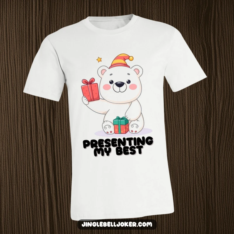 Funny t-shirt showcasing a smiling polar bear in a tiny jester hat, tossing wrapped presents with excitement, perfect for gifting.