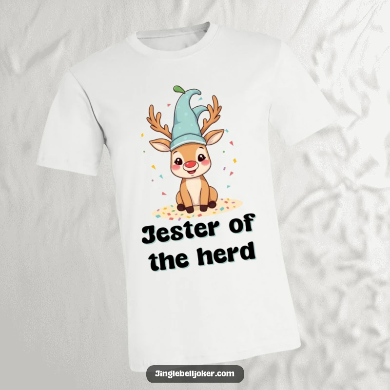 Funny reindeer t-shirt featuring a happy reindeer wearing a jester hat, spilling colorful confetti.