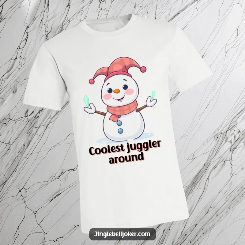Funny Snowman T-Shirt: Smiling snowman in a jester hat juggling glowing icicles, cool winter style.