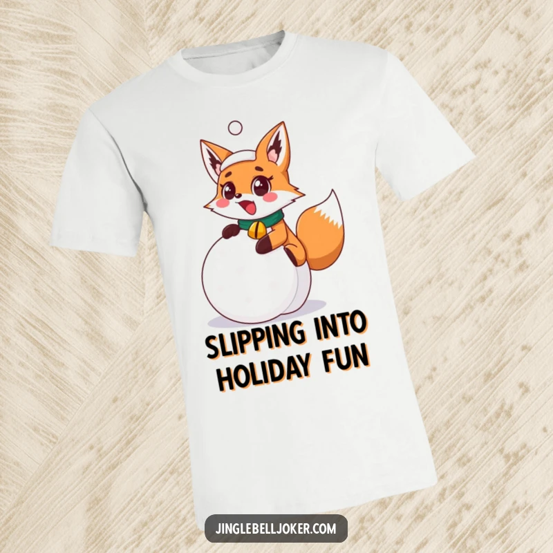 Funny surprised fox joker with jingle bell collar slipping on a festive snowball, wearing a funny expression on this t-shirt.