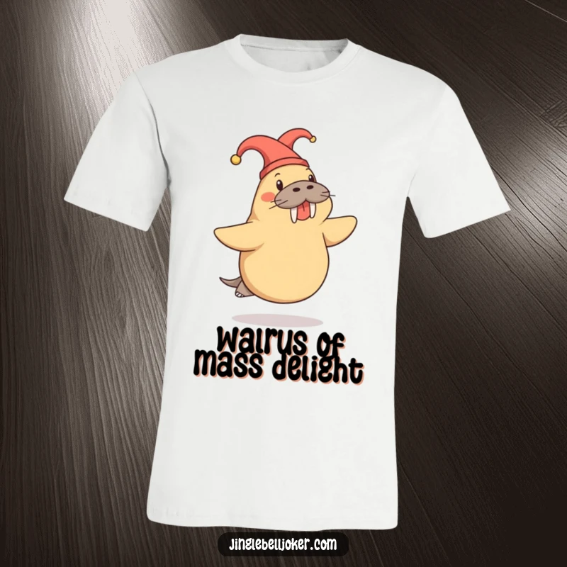 Funny Walrus T-Shirt: Cheerful walrus in a jester hat doing a playful skip, embodying happy movement.