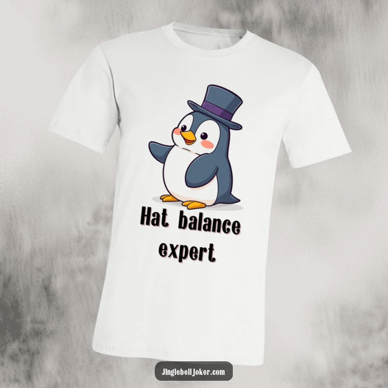 Funny T-shirt with a clumsy penguin hilariously attempting to balance a tall hat, perfect for lovers of physical comedy.