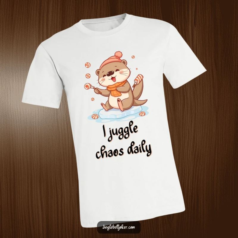 Funny t-shirt showcasing a cute otter character comically slipping on ice while juggling brightly colored festive candies.