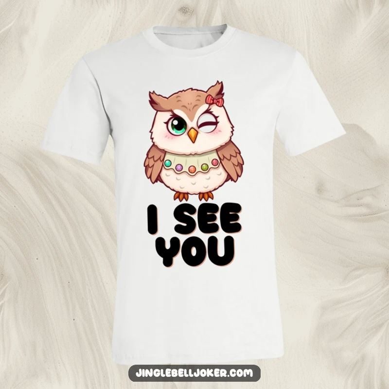 Funny t-shirt featuring an owl in a jester collar, humorously attempting a wink with holiday glitter, showcasing festive and amusing holiday spirit.