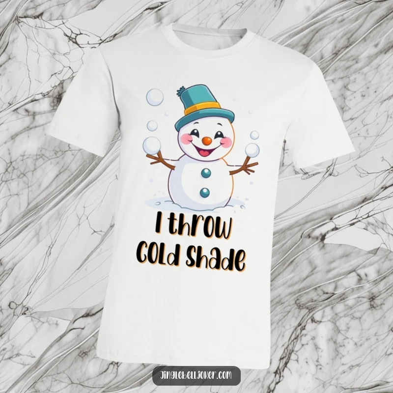 Funny snowman t-shirt with a mischievous joker grin, actively tossing snowballs, embodying winter's playful and comical side.