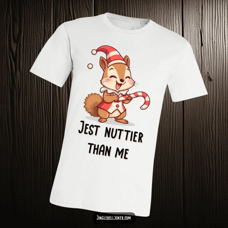 Funny t-shirt graphic of a giggling squirrel dressed as a jester, attempting to balance a large candy cane.