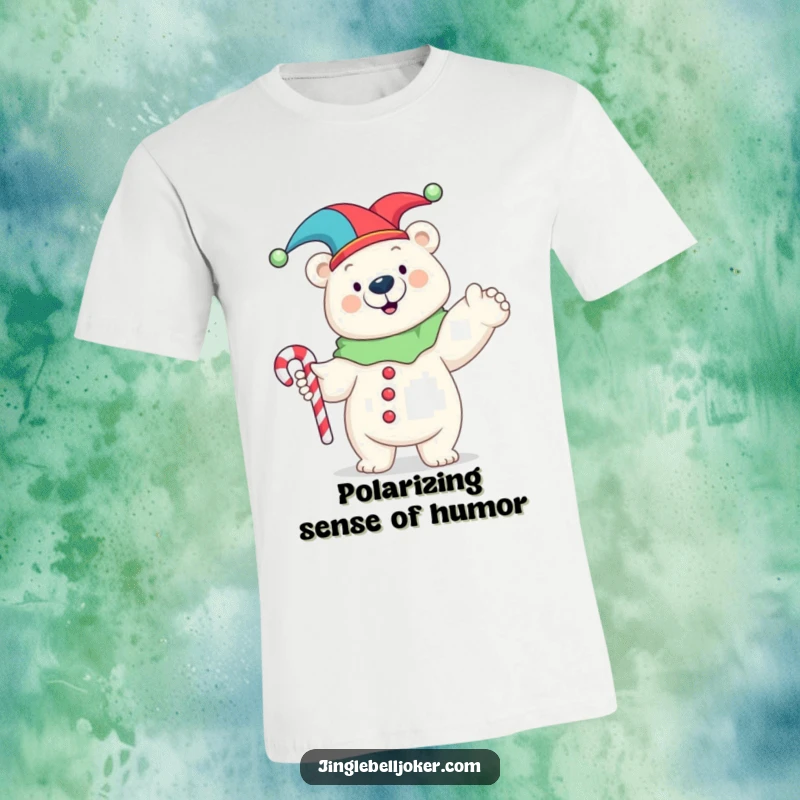 Funny t-shirt featuring a happy polar bear in a jester costume, striking a comical pose with a candy cane, showcasing its playful spirit.