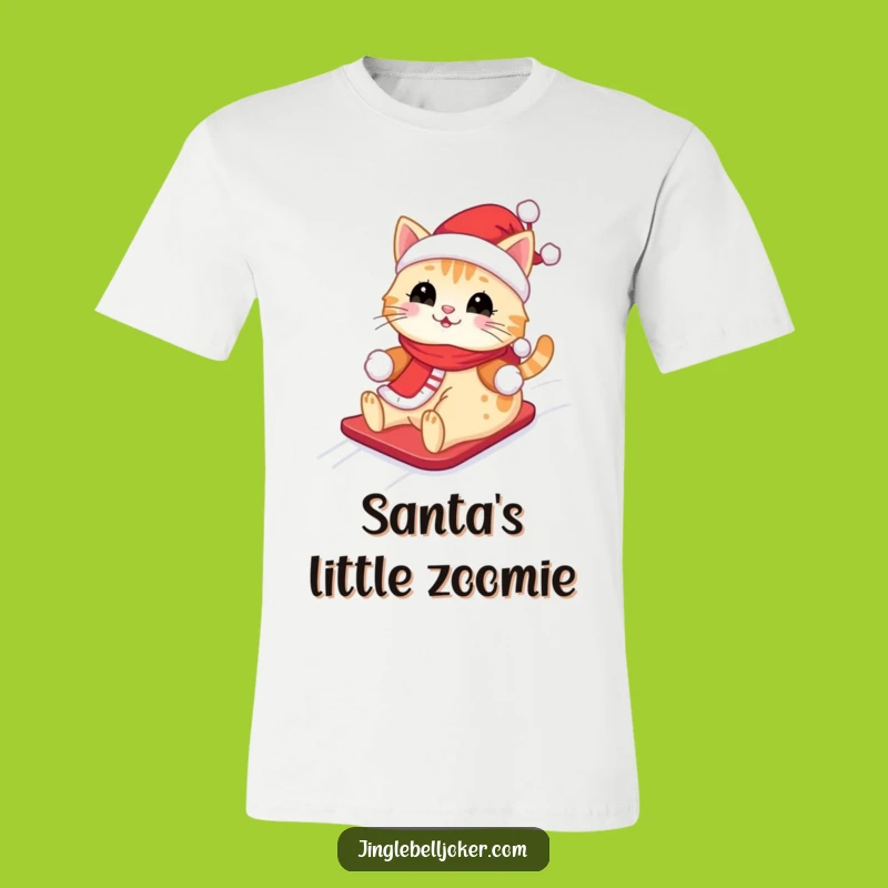 Funny Kawaii Santa Cat T-Shirt: Cute Feline Sliding Down Snowy Hill, Ideal Funny Gift
