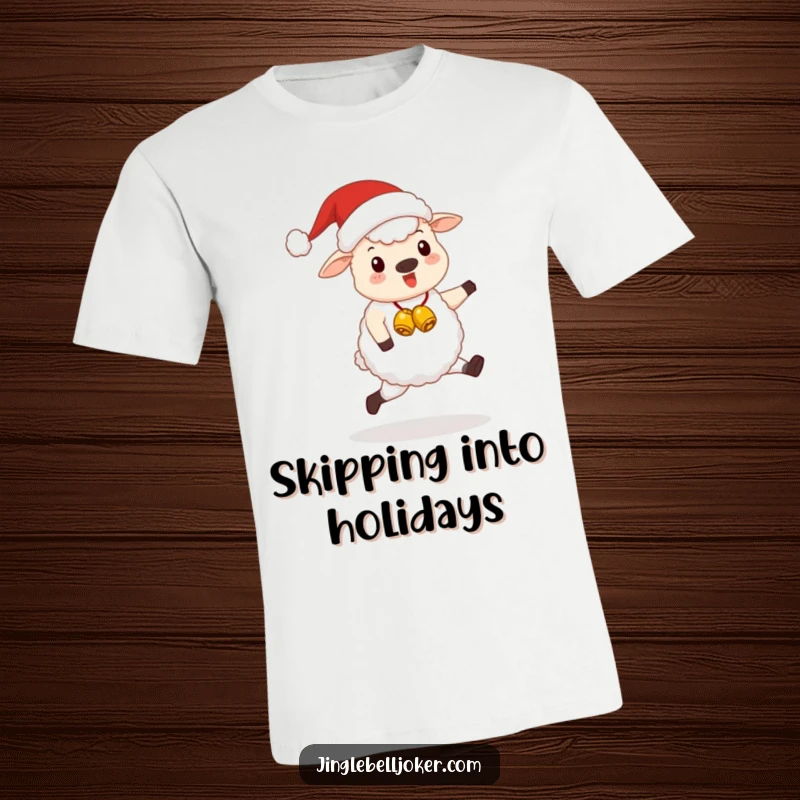 Funny Kawaii Santa Sheep T-Shirt: A cute sheep in a Santa hat, happily skipping with jingle bells, perfect for festive wear.