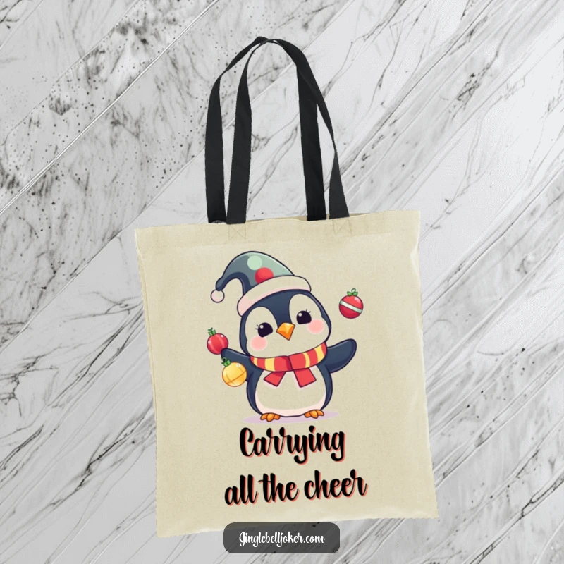 Funny Penguin Tote Bag: Cute penguin in a jester hat juggling colorful Christmas ornaments, for festive shopping.