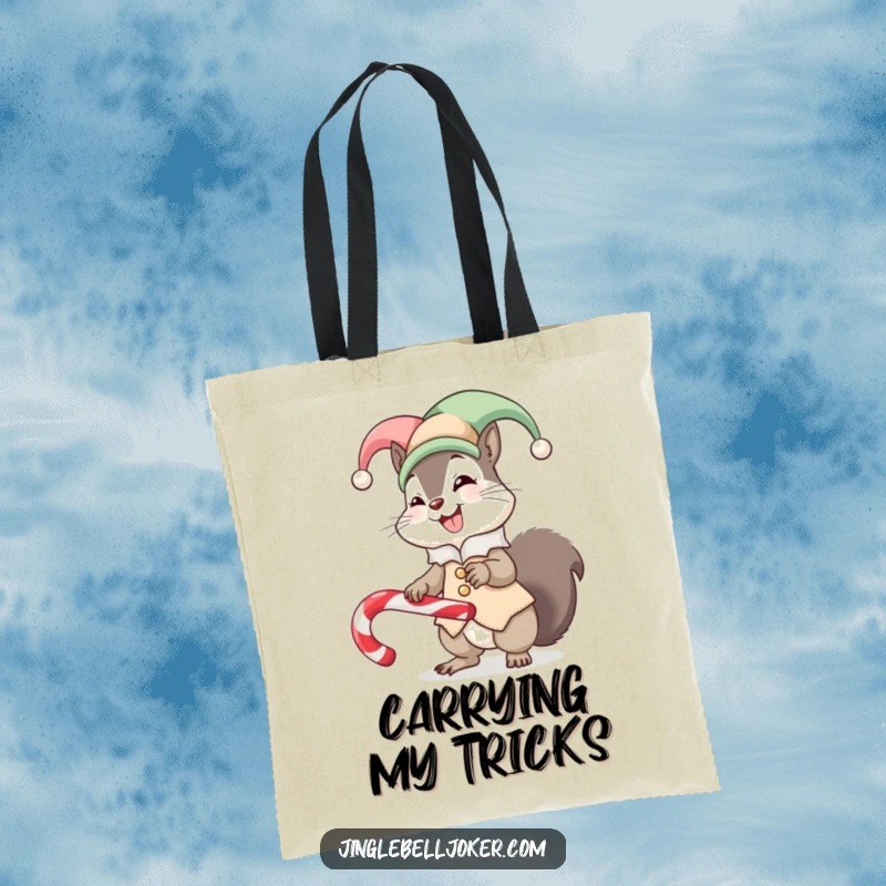 Funny tote bag with a giggling squirrel in a jester suit attempting to balance a candy cane, showing off its comical balancing act.